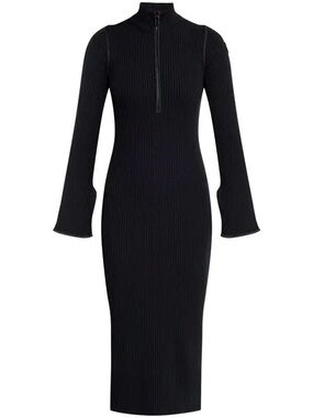 Moncler Large Black Ribbed Long-Sleeve Midi Dress with Zip Neck